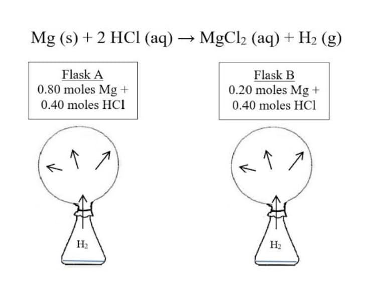 Mg (s) + 2 HCl (aq) → MgCl2 (aq) + H2 (g)
Flask A
0.80 moles Mg +
Flask B
0.20 moles Mg +
0.40 moles HCI
0.40 moles HCI
Н
Н
