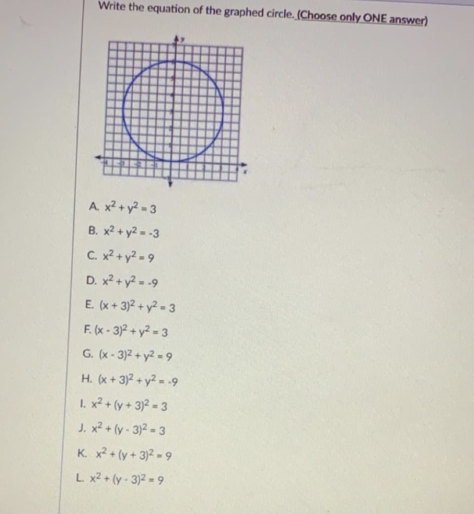 Write the equation of the graphed circle. (Choose only ONE answer)
A. x2 + y2 = 3
B. x2 + y2 = -3
C. x? + y2 = 9
D. x2 + y2 = -9
E. (x + 3)2 + y2 = 3
F. (x - 3)2 + y2 = 3
G. (x- 3)2 + y2 = 9
H. (x + 3)2 + y2 = -9
I. x2 + (y + 3)2 = 3
J. x2 + (y- 3)2 = 3
K. x2+ (y+ 3)2 = 9
L x2 + (y- 3)2 = 9
