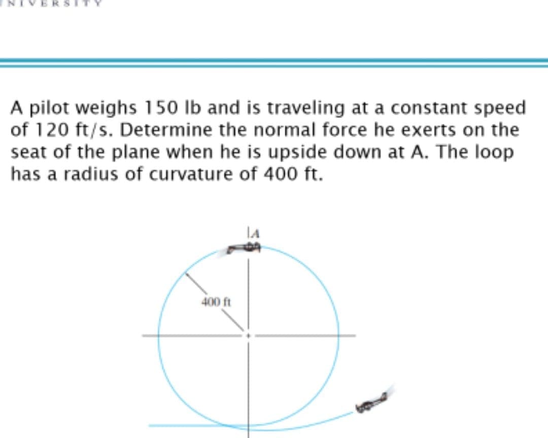 A pilot weighs 150 lb and is traveling at a constant speed
of 120 ft/s. Determine the normal force he exerts on the
seat of the plane when he is upside down at A. The loop
has a radius of curvature of 400 ft.
IA
400 ft
