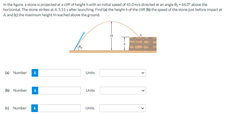 In the figure, a stone is projected at a cliff of height h with an initial speed of 45.0 m/s directed at an angle 6o = 66.0° above the
horizontal. The stone strikes at A, 5.51 s after launching. Find (a) the height h of the cliff, (b) the speed of the stone just before impact at
A, and (c) the maximum height Hreached above the ground.
H
A
RA PA
(a) Number
Units
(b) Number
i
Units
(c) Number
Units
