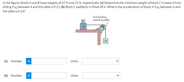 In the figure, blocks A and B have weights of 47 N and 22 N, respectively. (a) Determine the minimum weight of block C to keep A from
sliding if u, between A and the table is 0.21. (b) Block C suddenly is lifted off A. What is the acceleration of block A if Hk between A and
the table is 0.14?
Frictionless,
massless pulley
B
(a) Number
i
Units
(b) Number
Units

