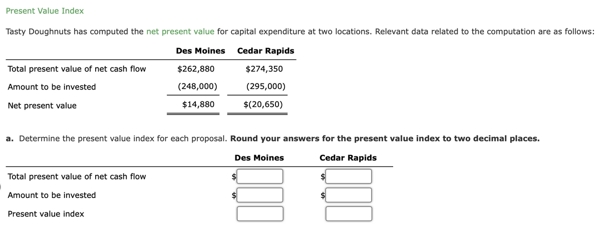 Present Value Index
Tasty Doughnuts has computed the net present value for capital expenditure at two locations. Relevant data related to the computation are as follows:
Des Moines
Cedar Rapids
Total present value of net cash flow
$262,880
$274,350
Amount to be invested
(248,000)
(295,000)
Net present value
$14,880
$(20,650)
a. Determine the present value index for each proposal. Round your answers for the present value index to two decimal places.
Des Moines
Cedar Rapids
Total present value of net cash flow
Amount to be invested
Present value index
%24
