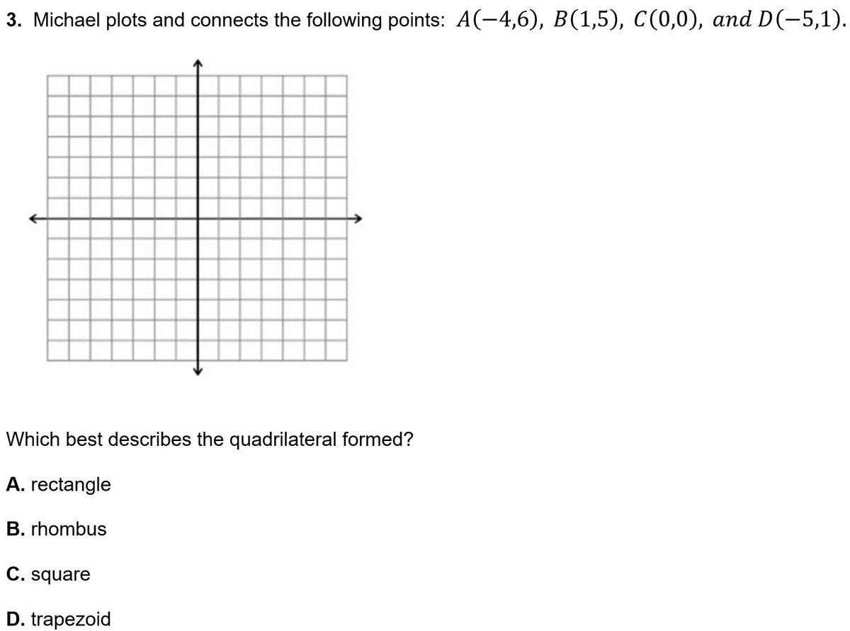 3. Michael plots and connects the following points: A(-4,6), B(1,5), C(0,0), and D(-5,1).
Which best describes the quadrilateral formed?
A. rectangle
B. rhombus
C. square
D. trapezoid
