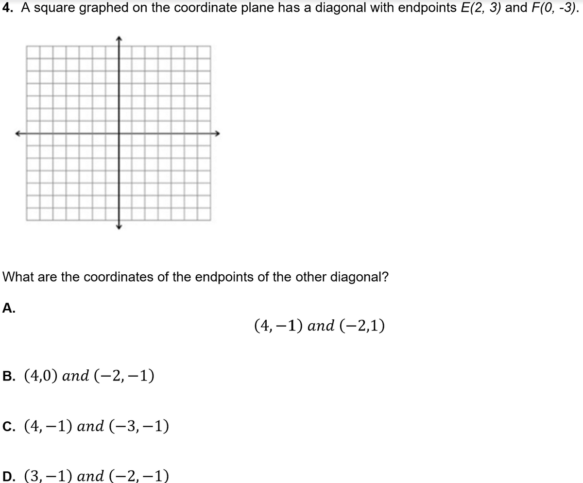 4. A square graphed on the coordinate plane has a diagonal with endpoints E(2, 3) and F(0, -3).
What are the coordinates of the endpoints of the other diagonal?
А.
(4, – 1) and (-2,1)
В. (4,0) аnd (-2, -1)
С. (4, —1) аnd (-3,—1)
D. (3,-1) and (-2, –1)
