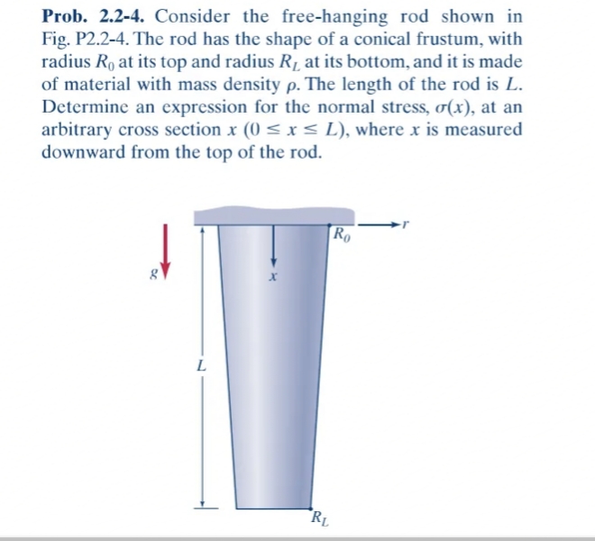 Prob. 2.2-4. Consider the free-hanging rod shown in
Fig. P2.2-4. The rod has the shape of a conical frustum, with
radius Ro at its top and radius R, at its bottom, and it is made
of material with mass density p. The length of the rod is L.
Determine an expression for the normal stress, o(x), at an
arbitrary cross section x (0 < x < L), where x is measured
downward from the top of the rod.
Ro
L
*RL
