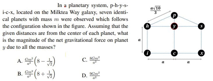 In a planetary system, p-h-y-s-
av10
i-c-x, located on the Milktea Way galaxy, seven identi-
cal planets with mass m were observed which follows
the configuration shown in the figure. Assuming that the
given distances are from the center of each planet, what
is the magnitude of the net gravitational force on planet
y due to all the masses?
S
a
(s-)
(8+)
8Gm?
Gm?
A.
a2
8
C.
a
a
Gm?
B.
a2
9Gm?
D.
a2
