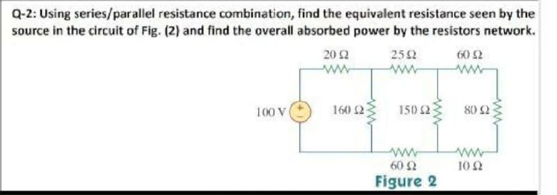 Q-2: Using series/parallel resistance combination, find the equivalent resistance seen by the
source in the circuit of Fig. (2) and find the overall absorbed power by the resistors network.
20 2
25 2
60 2
ww
100 V
160 2
150 $2
80 Ω
ww
10 2
60 2
Figure 2
