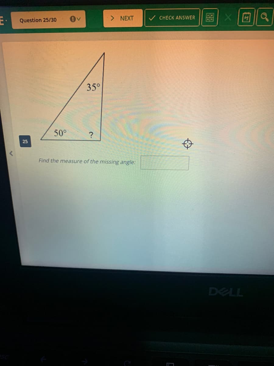 NEXT
CHECK ANSWER
Question 25/30
35°
50°
25
Find the measure of the missing angle:
DELL
品
