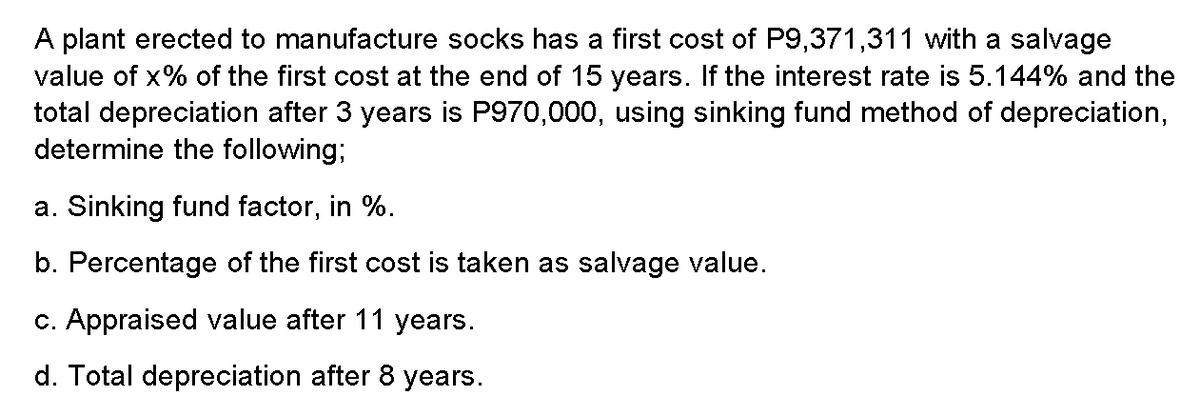 A plant erected to manufacture socks has a first cost of P9,371,311 with a salvage
value of x% of the first cost at the end of 15 years. If the interest rate is 5.144% and the
total depreciation after 3 years is P970,000, using sinking fund method of depreciation,
determine the following;
a. Sinking fund factor, in %.
b. Percentage of the first cost is taken as salvage value.
c. Appraised value after 11 years.
d. Total depreciation after 8 years.