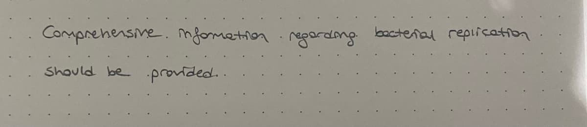 Comprehensine. mfometion regordng boctenal replication
Should be
provided..
