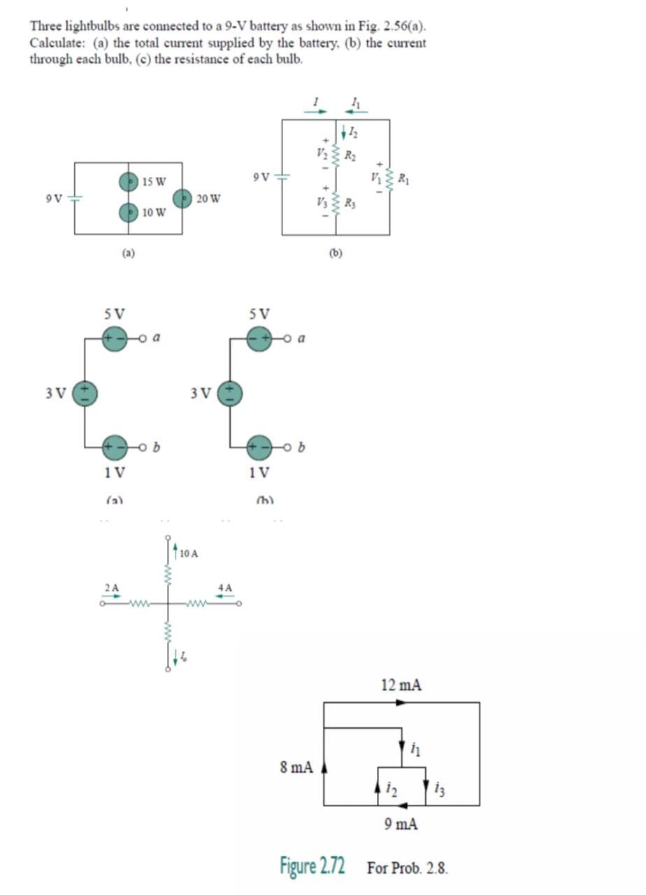 Three lightbulbs are connected to a 9-V battery as shown in Fig. 2.56(a).
Calculate: (a) the total current supplied by the battery, (b) the current
through each bulb, (c) the resistance of each bulb.
V2 R2
15 W
A6
9V
20 W
V3 3 R3
10 W
(a)
(b)
SV
5V
a
3 V
3 V
-o b
1 V
1V
(E)
10 A
2A
4 A
ww-
ww
12 mA
8 mA
9 mA
Figure 2.72
For Prob. 2.8.
