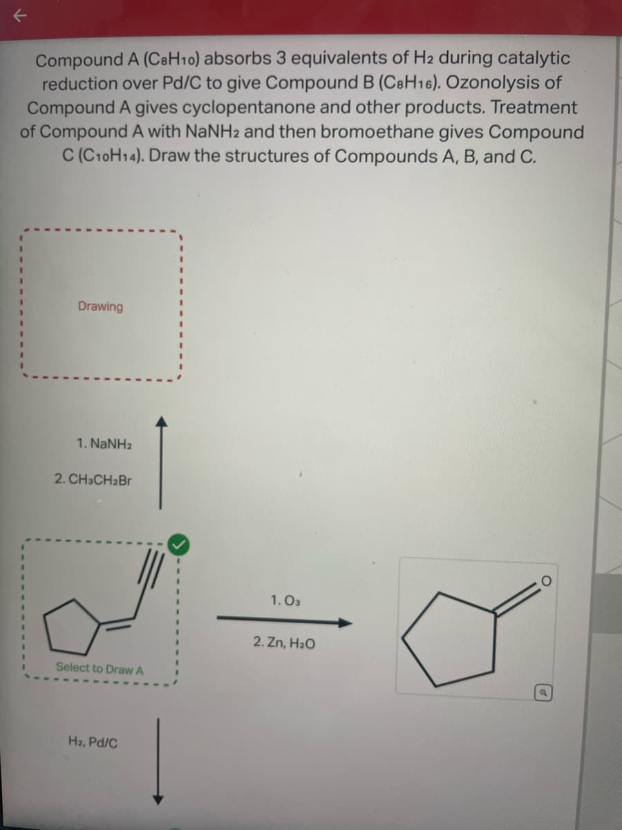 K
Compound A (C8H10) absorbs 3 equivalents of H2 during catalytic
reduction over Pd/C to give Compound B (C8H16). Ozonolysis of
Compound A gives cyclopentanone and other products. Treatment
of Compound A with NaNH2 and then bromoethane gives Compound
C (C10H14). Draw the structures of Compounds A, B, and C.
Drawing
1. NaNHz
2. CH3CH₂Br
Select to Draw A
H2, Pd/C
1.03
2. Zn, H₂O
O
Q