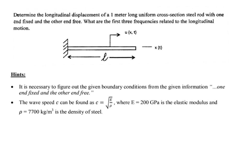 Determine the longitudinal displacement of a 1 meter long uniform cross-section steel rod with one
end fixed and the other end free. What are the first three frequencies related to the longitudinal
motion.
u (x, t)
x (t)
Hints:
It is necessary to figure out the given boundary conditions from the given information "...one
end fixed and the other end free.'
The wave speed c can be found as c =
where E = 200 GPa is the elastic modulus and
p = 7700 kg/m is the density of steel.
