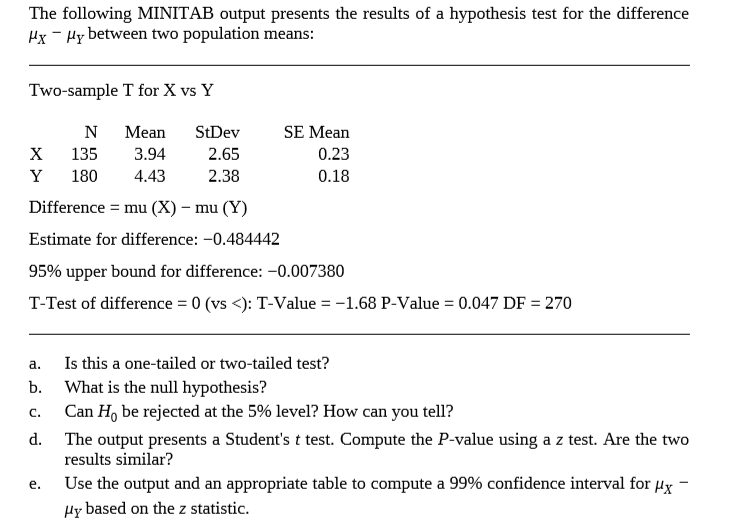 The following MINITAB output presents the results of a hypothesis test for the difference
Hx - Hy between two population means:
Two-sample T for X vs Y
N
Mean
StDev
SE Mean
135
3.94
2.65
0.23
180
4.43
2.38
0.18
Difference = mu (X) – mu (Y)
Estimate for difference: -0.484442
95% upper bound for difference: -0.007380
T-Test of difference = 0 (vs <): T-Value = -1.68 P-Value = 0.047 DF = 270
Is this a one-tailed or two-tailed test?
a.
b.
What is the null hypothesis?
Can H, be rejected at the 5% level? How can you tell?
C.
d.
The output presents a Student's t test. Compute the P-value using a z test. Are the two
results similar?
Use the output and an appropriate table to compute a 99% confidence interval for Hy-
Hy based on the z statistic.
e.
