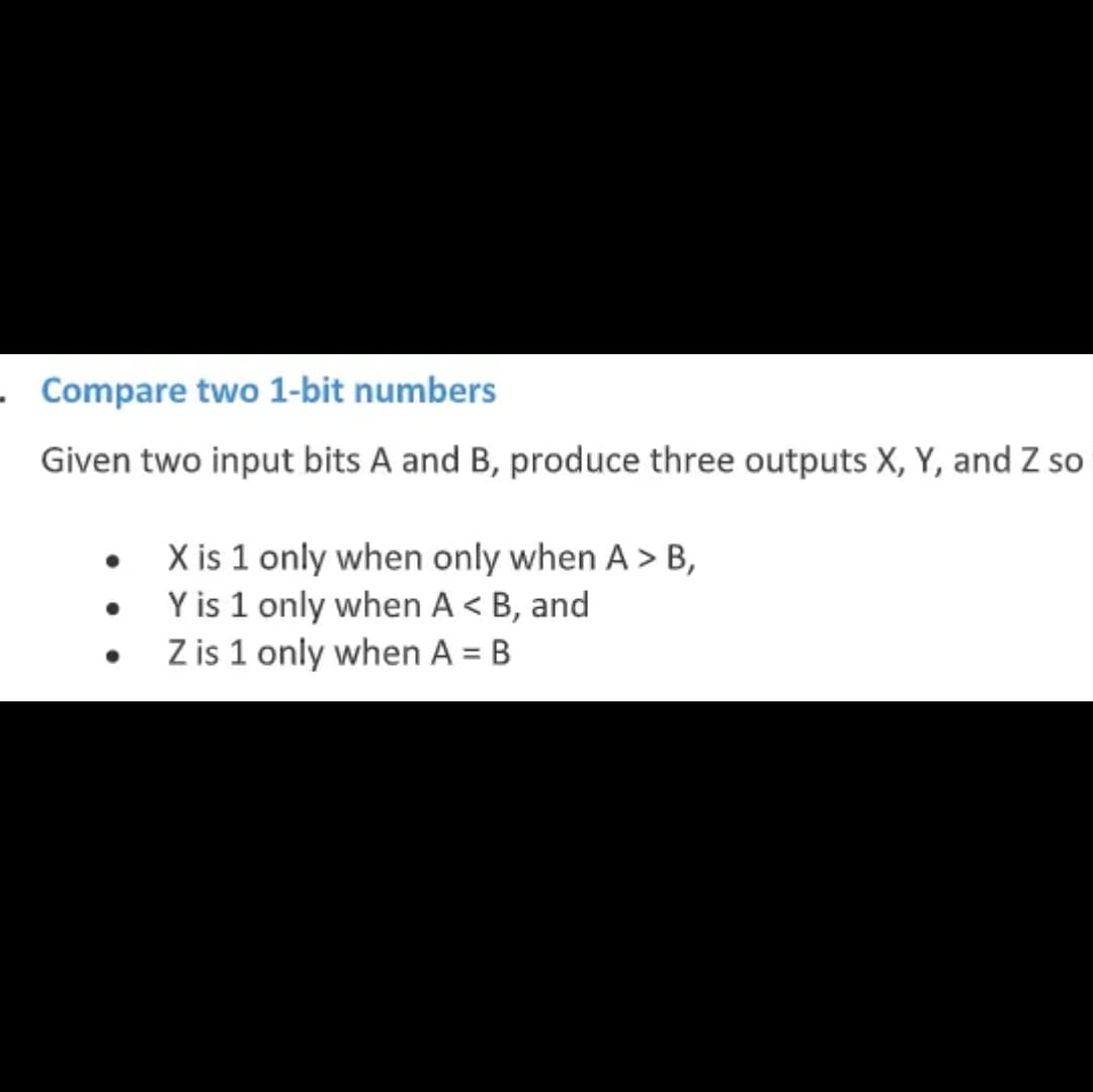 - Compare two 1-bit numbers
Given two input bits A and B, produce three outputs X, Y, and Z so
●
X is 1 only when only when A > B,
Y is 1 only when A< B, and
Z is 1 only when A= B