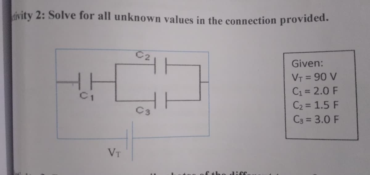 ivity 2: Solve for all unknown values in the connection provided.
C2
Given:
VT = 90 V
C1 = 2.0 F
C2 = 1.5 F
C3 = 3.0 F
%D
C3
VT
of the dic.
