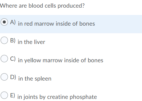 Where are blood cells produced?
A) in red marrow inside of bones
O B) in the liver
C) in yellow marrow inside of bones
O D) in the spleen
E) in joints by creatine phosphate
