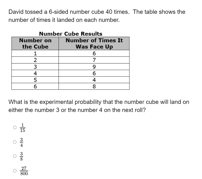 David tossed a 6-sided number cube 40 times. The table shows the
number of times it landed on each number.
Number Cube Results
Number on
Number of Times It
the Cube
Was Face Up
1
2
6
7
3
9.
4
5
4
6
8
What is the experimental probability that the number cube will land on
either the number 3 or the number 4 on the next roll?
15
27
800

