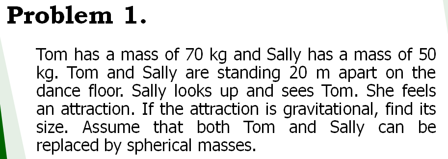 Problem 1.
Tom has a mass of 70 kg and Sally has a mass of 50
kg. Tom and Sally are standing 20 m apart on the
dance floor. Sally looks up and sees Tom. She feels
an attraction. If the attraction is gravitational, find its
size. Assume that both Tom and Sally can be
replaced by spherical masses.
