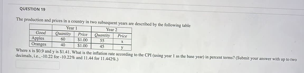 QUESTION 19
The production and prices in a country in two subsequent years are described by the following table
Year 1
Year 2
Good
Apples
Oranges
Where x is $0.9 and y is $1.41. What is the inflation rate according to the CPI (using year 1 as the base year) in percent terms? (Submit your answer with up to two
decimals, i.e., -10.22 for -10.22% and 11.44 for 11.442%.)
Quantity
Price
$1.00
Quantity
Price
60
55
40
$1.00
45
y
