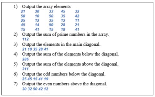 1) Output the array elements
45
35
12
28
19
30
33
21
50
25
45
15
10
12
14
41
50
35
50
15
32
42
11
21
41
2) Output the sum of prime numbers in the array.
112
3) Output the elements in the main diagonal.
21 10 35 28 41
4) Output the sum of the elements below the diagonal.
286
5) Output the sum of the elements above the diagonal.
311
6) Output the odd numbers below the diagonal.
25 45 15 41 19
7) Output the even numbers above the diagonal.
30 32 50 42 12
