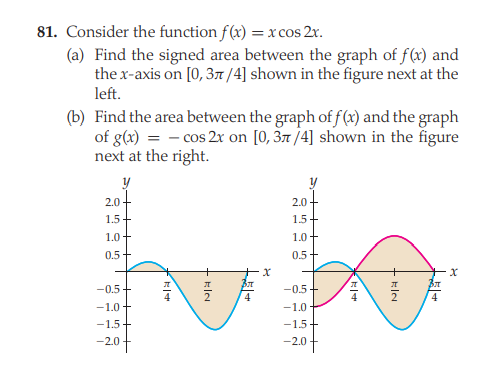 81. Consider the function f(x) = x cos 2r.
(a) Find the signed area between the graph of f(x) and
the x-axis on [0, 31/4] shown in the figure next at the
left.
(b) Find the area between the graph of f(x) and the graph
of g(x) = - cos 2x on [0, 37 /4] shown in the figure
next at the right.
2.0-
2.0-
1.5+
1.5
1.0+
1.0-
0.5+
0.5+
-0.5+
-0.5+
4
4
-1.0+
-1.5+
-2.0
-1.0
-1.5+
-2.0
