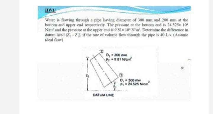 HWI
Water is flowing through a pipe having diameter of 300 mm and 200 mm at the
bottom and upper end respectively. The pressure at the bottom end is 24.525x 10
N'm and the pressture at the upper end is 9.81x 10* Nm. Detennine the difference in
datum head (Z, - Z,), if the rate of volume flow through the pipe is 40 L's. (Assume
ideal flow)
D, 200 mm
P981 Niem
0, 300 mm
P, 24 525 Niem
DATUM LINE
