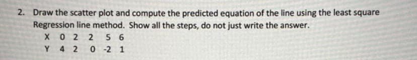 2. Draw the scatter plot and compute the predicted equation of the line using the least square
Regression line method. Show all the steps, do not just write the answer.
X0 2 2
5 6
0 - 2 1
Y 4 2
