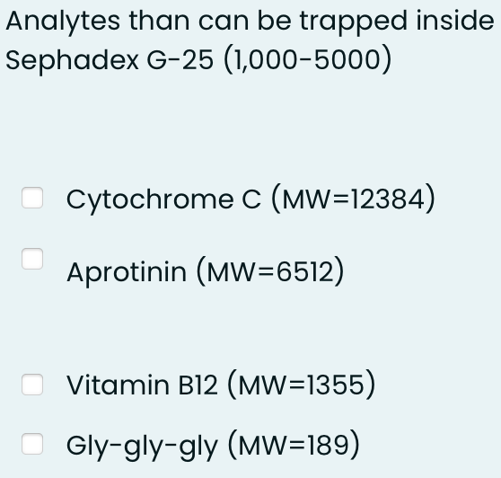 Analytes than can be trapped inside
Sephadex G-25 (1,000-5000)
Cytochrome C (MW=12384)
Aprotinin (MW=6512)
Vitamin B12 (MW=1355)
Gly-gly-gly (MW=189)