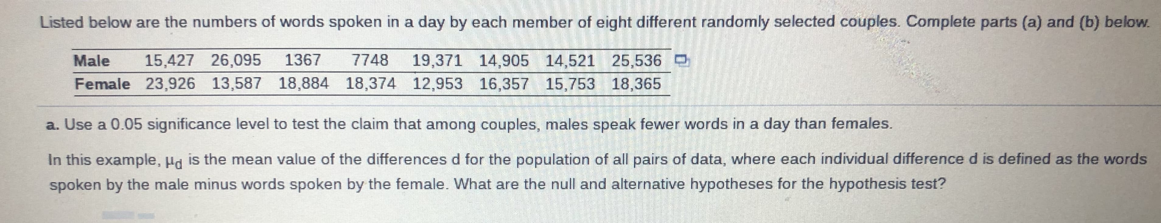 Listed below are the numbers of words spoken in a day by each member of eight different randomly selected couples. Complete parts (a) and (b) below.
Male
15,427 26,095
1367
7748
19,371 14,905 14,521 25,536 O
Female 23,926 13,587 18,884 18,374 12,953 16,357 15,753 18,365
a. Use a 0.05 significance level to test the claim that among couples, males speak fewer words in a day than females.
In this example, Ha is the mean value of the differences d for the population of all pairs of data, where each individual difference d is defined as the words
spoken by the male minus words spoken by the female. What are the null and alternative hypotheses for the hypothesis test?
