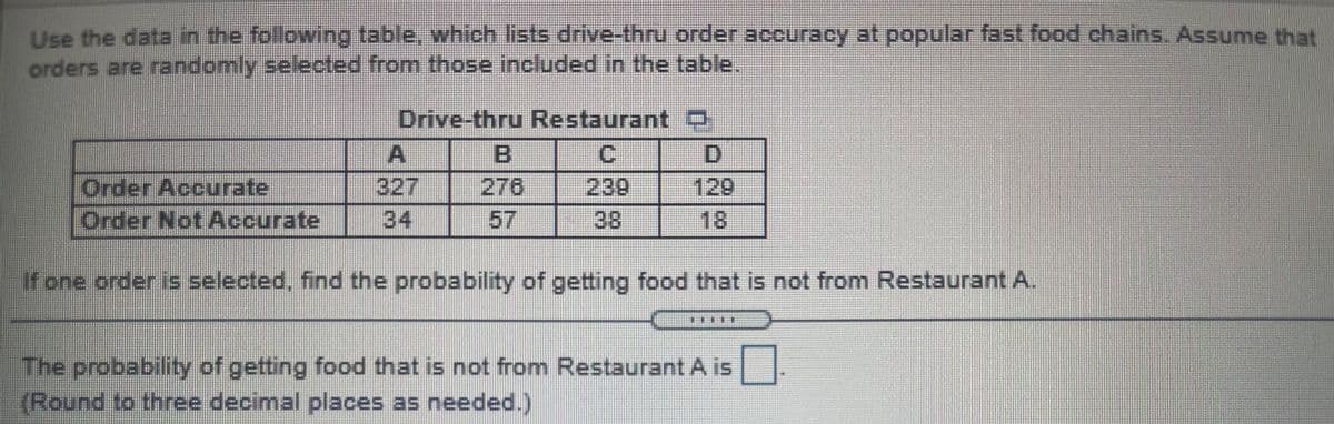 Use the data in the following table, which lists drive-thru order accuracy at popular fast food chains. Assume that
orders are randomly selected from those included in the table.
Drive-thru Restaurant O
327
129
18
276
Order Accurate
Order Not Accurate
239
38
34
|57
If one order is selected, find the probability of getting food that is not from Restaurant A.
The probability of getting food that is not from Restaurant A is
(Round to three decimal places as needed.)
