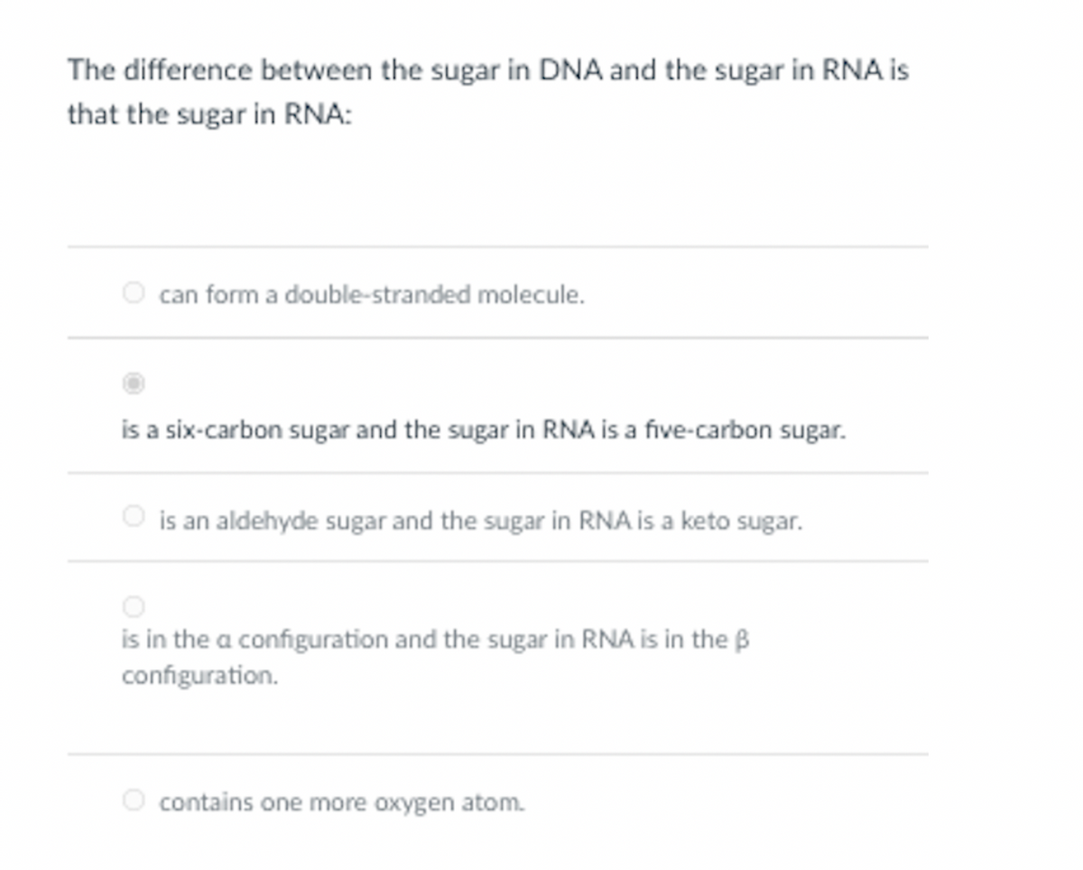 The difference between the sugar in DNA and the sugar in RNA is
that the sugar in RNA:
O can form a double-stranded molecule.
is a six-carbon sugar and the sugar in RNA is a five-carbon sugar.
is an aldehyde sugar and the sugar in RNA is a keto sugar.
is in the a configuration and the sugar in RNA is in the B
configuration.
contains one more oxygen atom.
