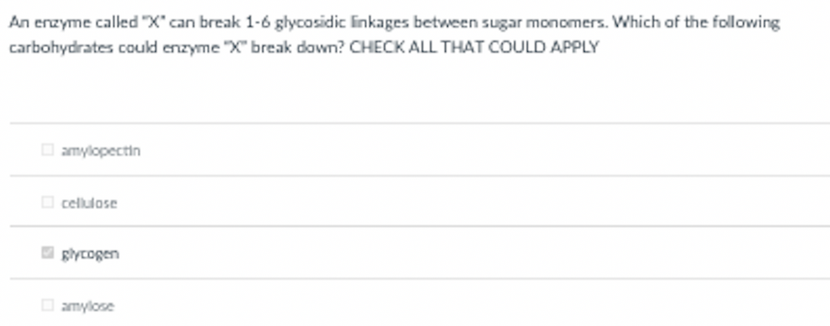 An enzyme called "x" can break 1-6 głycosidic linkages between sugar monomers. Which of the following
carbohydrates could enzyme "X" break dawn? CHECK ALL THAT COULD APPLY
O amylopectin
O celulose
glycogen
O amylose
