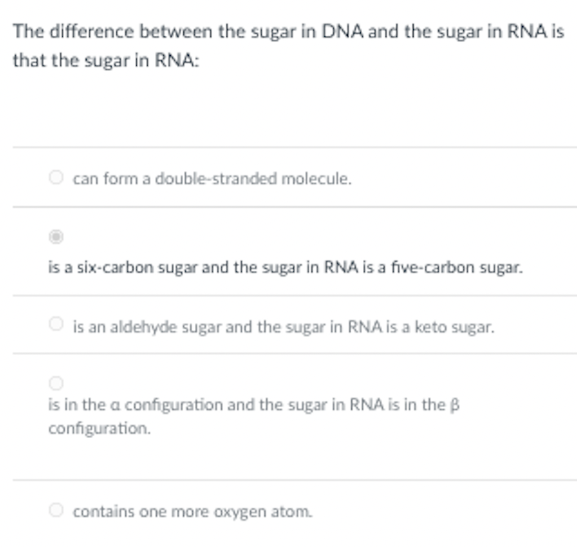 The difference between the sugar in DNA and the sugar in RNA is
that the sugar in RNA:
can form a double-stranded molecule.
is a six-carbon sugar and the sugar in RNA is a five-carbon sugar.
is an aldehyde sugar and the sugar in RNA is a keto sugar.
is in the a configuration and the sugar in RNA is in the ß
configuration.
contains one more oxygen atom.

