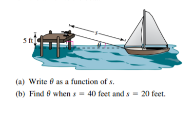 5 fti
(a) Write 0 as a function of s.
(b) Find 0 when s = 40 feet and s = 20 feet.
