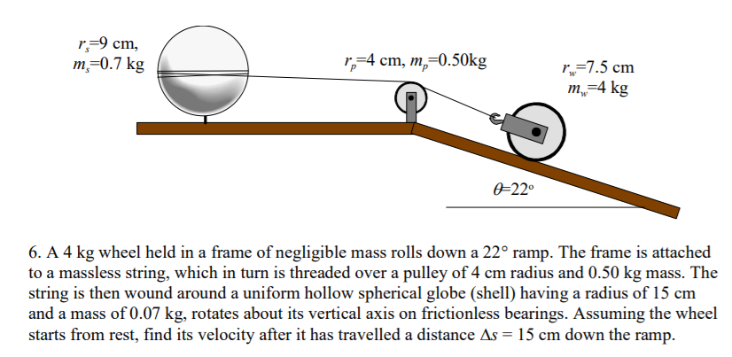 6. A 4 kg wheel held in a frame of negligible mass rolls down a 22° ramp. The frame is attached
to a massless string, which in turn is threaded over a pulley of 4 cm radius and 0.50 kg mass. The
string is then wound around a uniform hollow spherical globe (shell) having a radius of 15 cm
and a mass of 0.07 kg, rotates about its vertical axis on frictionless bearings. Assuming the wheel
starts from rest, find its velocity after it has travelled a distance As = 15 cm down the ramp.
