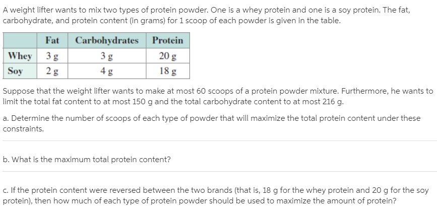 A weight lifter wants to mix two types of protein powder. One is a whey protein and one is a soy protein. The fat,
carbohydrate, and protein content (in grams) for 1 scoop of each powder is given in the table.
Fat
Carbohydrates
Protein
Whey
3 g
3 g
20 g
Soy
2g
4 g
18 g
Suppose that the weight lifter wants to make at most 60 scoops of a protein powder mixture. Furthermore, he wants to
limit the total fat content to at most 150 g and the total carbohydrate content to at most 216 g.
a. Determine the number of scoops of each type of powder that will maximize the total protein content under these
constraints.
b. What is the maximum total protein content?
c. If the protein content were reversed between the two brands (that is, 18 g for the whey protein and 20 g for the soy
protein), then how much of each type of protein powder should be used to maximize the amount of protein?
