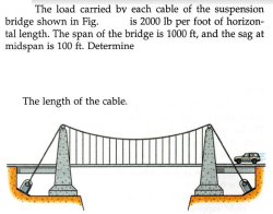 The load carried by each cable of the suspension
bridge shown in Fig.
tal length. The span of the bridge is 1000 ft, and the sag at
midspan is 100 ft. Determine
is 2000 Ib per foot of horizon-
The length of the cable.
