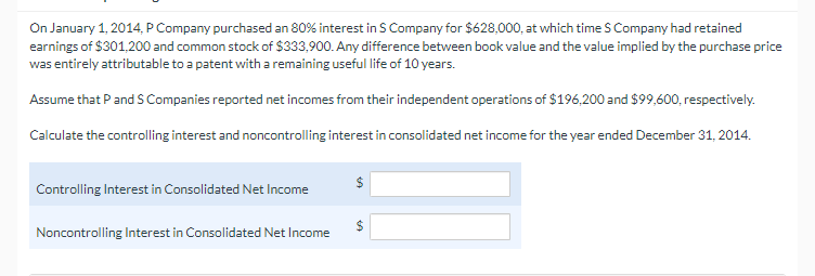 On January 1, 2014, P Company purchased an 80% interest in S Company for $628,000, at which time S Company had retained
earnings of $301,200 and common stock of $333,900. Any difference between book value and the value implied by the purchase price
was entirely attributable to a patent with a remaining useful life of 10 years.
Assume that Pand S Companies reported net incomes from their independent operations of $196,200 and $99,600, respectively.
Calculate the controlling interest and noncontrolling interest in consolidated net income for the year ended December 31, 2014.
Controlling Interest in Consolidated Net Income
$
Noncontrolling Interest in Consolidated Net Income
%24

