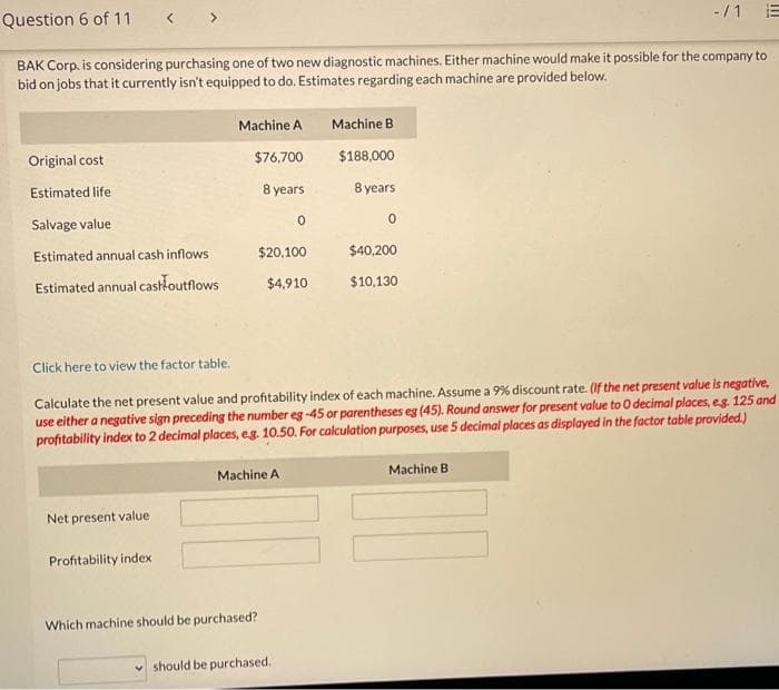 Question 6 of 11
< >
-/1
BAK Corp. is considering purchasing one of two new diagnostic machines. Either machine would make it possible for the company to
bid on jobs that it currently isn't equipped to do. Estimates regarding each machine are provided below.
Machine A
Machine B
Original cost
$76,700
$188,000
Estimated life
8 years
8 years
Salvage value
Estimated annual cash inflows
$20,100
$40,200
Estimated annual castioutflows
$4,910
$10,130
Click here to view the factor table.
Calculate the net present value and profitability index of each machine. Assume a 9% discount rate. (If the net present value is negative,
use either a negative sign preceding the number eg -45 or parentheses eg (45). Round answer for present value to 0 decimal places, eg 125 and
profitability index to 2 decimal places, eg. 10.50. For calculation purposes, use 5 decimal places as displayed in the factor table provided.)
Machine A
Machine B
Net present value
Profitability index
Which machine should be purchased?
should be purchased.
III
