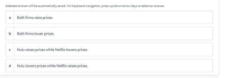 Selected answer will be automatically saved. For keyboard navigation, press up/down arrow keys to select an answer.
a
Both firms raise prices.
b Both firms lower prices.
n
Hulu raises prices while Netflix lowers prices.
d Hulu lowers prices while Netflix raises prices.