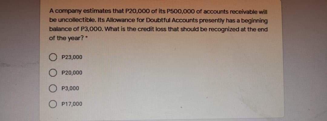 A company estimates that P20,000 of its P500,000 of accounts receivable will
be uncollectible. Its Allowance for Doubtful Accounts presently has a beginning
balance of P3,000. What is the credit loss that should be recognized at the end
of the
year?
P23,000
P20,000
P3,000
P17,000
