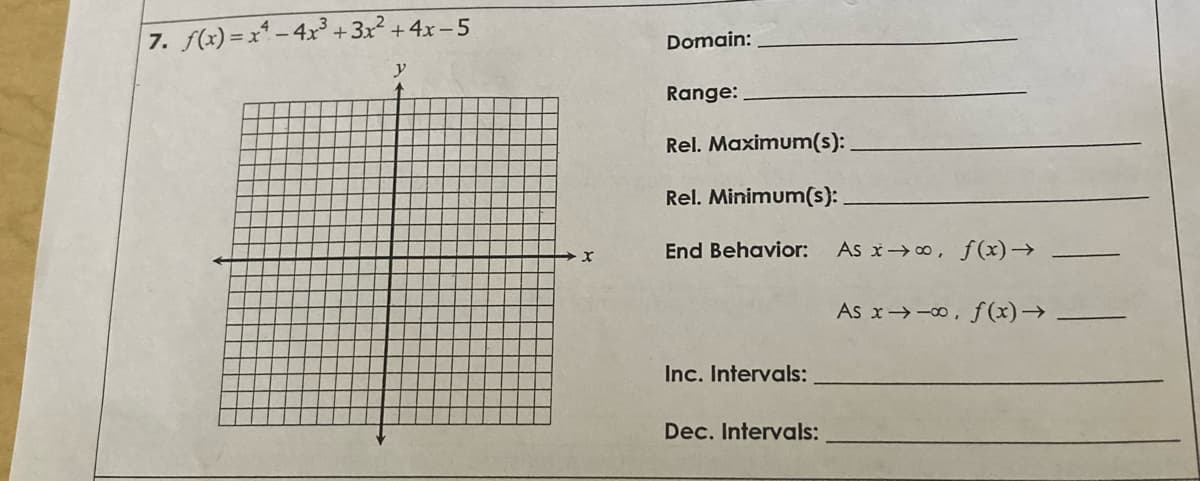7. f(x) =x* - 4x +3x +4x -5
Domain:
y
Range:
Rel. Maximum(s):
Rel. Minimum(s):
End Behavior:
As x 0, f (x)→
As x-o, f (x)→
Inc. Intervals:
Dec. Intervals:
