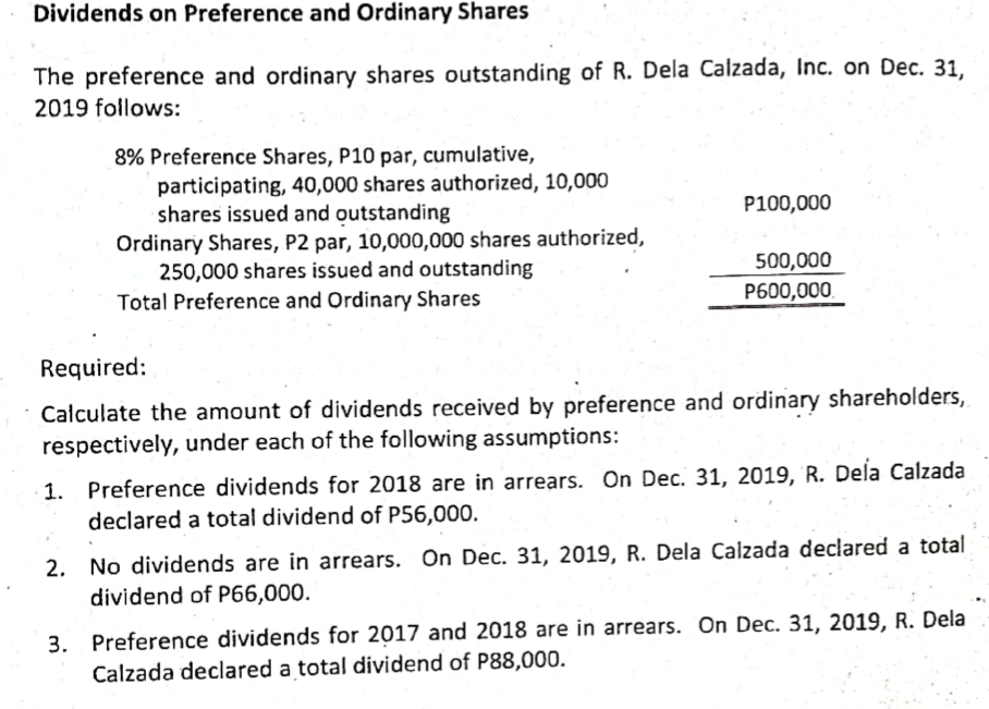 Dividends on Preference and Ordinary Shares
The preference and ordinary shares outstanding of R. Dela Calzada, Inc. on Dec. 31,
2019 follows:
8% Preference Shares, P10 par, cumulative,
participating, 40,000 shares authorized, 10,000
shares issued and outstanding
Ordinary Shares, P2 par, 10,000,000 shares authorized,
250,000 shares issued and outstanding
Total Preference and Ordinary Shares
P100,000
500,000
P600,000.
Required:
Calculate the amount of dividends received by preference and ordinary shareholders,
respectively, under each of the following assumptions:
1. Preference dividends for 2018 are in arrears. On Dec. 31, 2019, R. Dela Calzada
declared a total dividend of P56,000.
No dividends are in arrears. On Dec. 31, 2019, R. Dela Calzada declared a total
dividend of P66,000.
2.
3.
Preference dividends for 2017 and 2018 are in arrears. On Dec. 31, 2019, R. Dela
Calzada declared a total dividend of P88,000.
