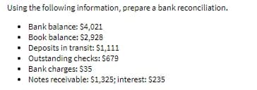 Using the following information, prepare a bank reconciliation.
• Bank balance: $4,021
• Book balance: S$2,928
• Deposits in transit: $1,111
• Outstanding checks: $679
• Bank charges: $35
• Notes receivable: $1,325; interest: $235
