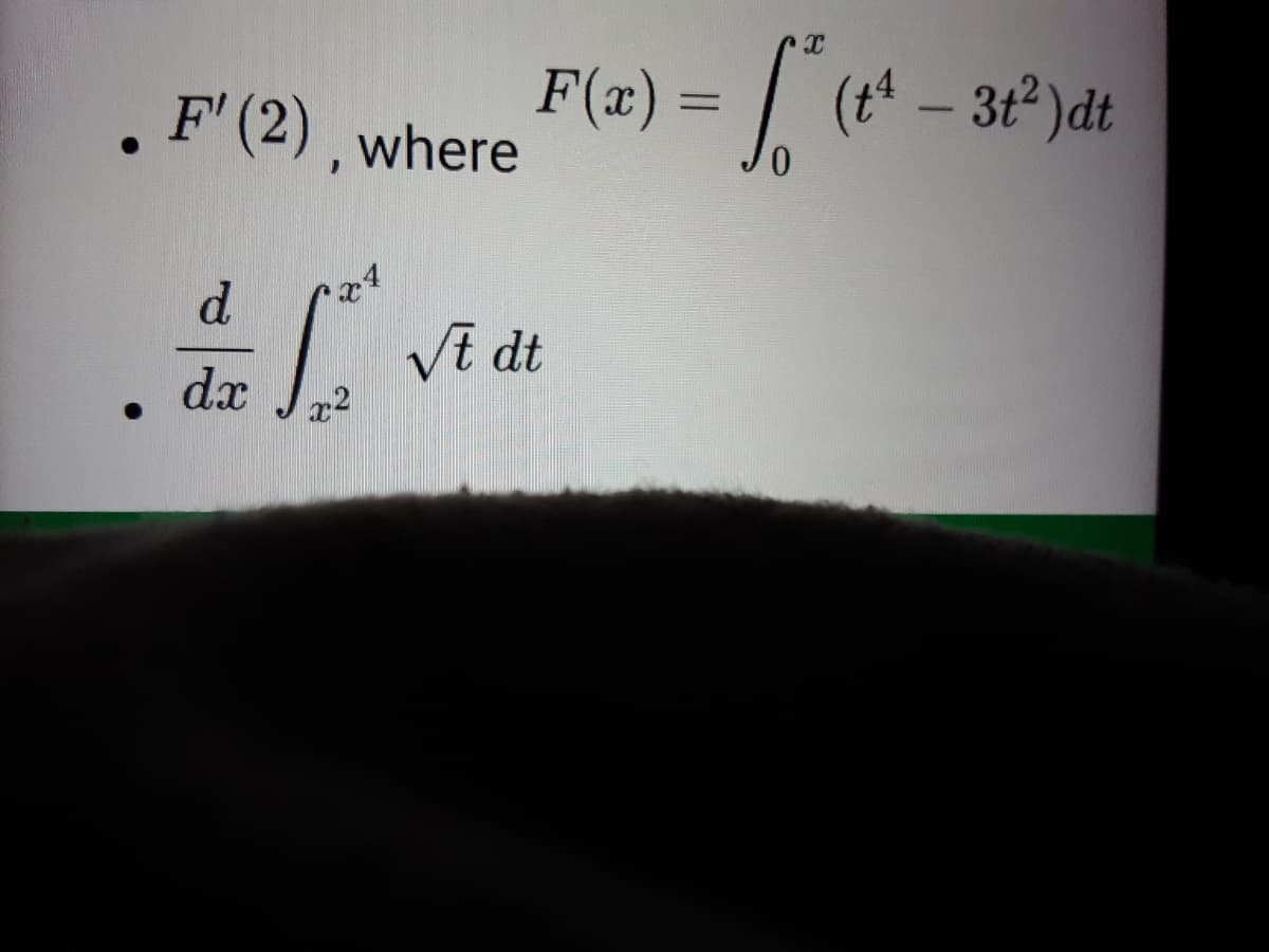F(#) = /
(t – 3t° )dt
%3D
. F (2), where
-
d.
Vt dt
dx
