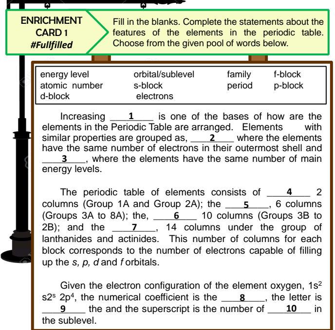 ENRICHMENT
Fill in the blanks. Complete the statements about the
features of the elements in the periodic table.
Choose from the given pool of words below.
CARD 1
#Fullfilled
energy level
atomic number
orbital/sublevel
family
period
f-block
s-block
p-block
d-block
electrons
is one of the bases of how are the
with
Increasing
elements in the Periodic Table are arranged. Elements
similar properties are grouped as, 2 where the elements
have the same number of electrons in their outermost shell and
1
3, where the elements have the same number of main
energy levels.
The periodic table of elements consists of 4
columns (Group 1A and Group 2A); the
(Groups 3A to 8A); the,
2B); and the
lanthanides and actinides. This number of columns for each
2
_, 6 columns
10 columns (Groups 3B to
14 columns under the group of
7
block corresponds to the number of electrons capable of filling
up the s, p, dand forbitals.
Given the electron configuration of the element oxygen, 1s2
s2$ 2p4, the numerical coefficient is the 8, the letter is
the and the superscript is the number of
10
in
the sublevel.
