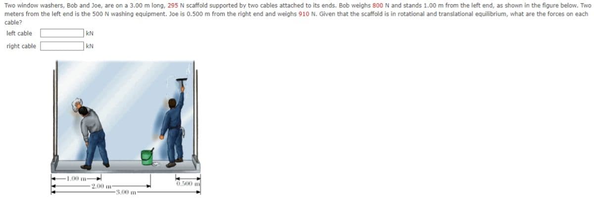 Two window washers, Bob and Joe, are on a 3.00 m long, 295 N scaffold supported by two cables attached to its ends. Bob weighs 800 N and stands 1.00 m from the left end, as shown in the figure below. Two
meters from the left end is the 500 N washing equipment. Joe is 0.500 m from the right end and weighs 910 N. Given that the scaffold is in rotational and translational equilibrium, what are the forces on each
cable?
KN
left cable
right cable.
KN
1.00 m-
0.500 m
3,00 m
2.00 m