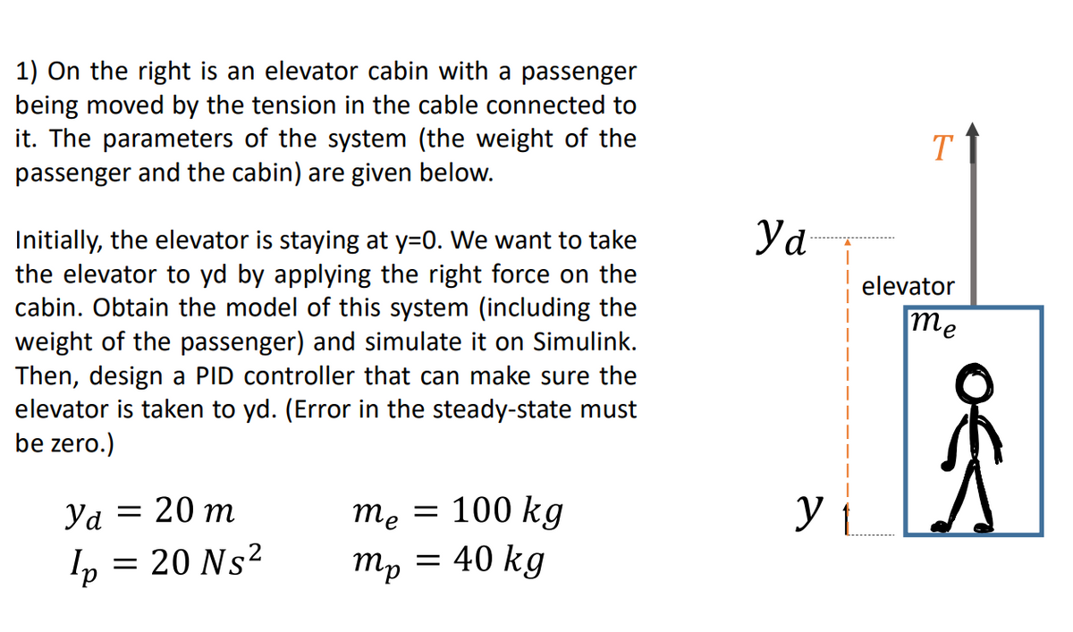 1) On the right is an elevator cabin with a passenger
being moved by the tension in the cable connected to
it. The parameters of the system (the weight of the
passenger and the cabin) are given below.
Initially, the elevator is staying at y=0. We want to take
the elevator to yd by applying the right force on the
cabin. Obtain the model of this system (including the
weight of the passenger) and simulate it on Simulink.
Then, design a PID controller that can make sure the
elevator is taken to yd. (Error in the steady-state must
be zero.)
Ya = 20 m
Ip = 20 Ns²
me = 100 kg
mp = 40 kg
тр
Yd
y
T
elevator
me