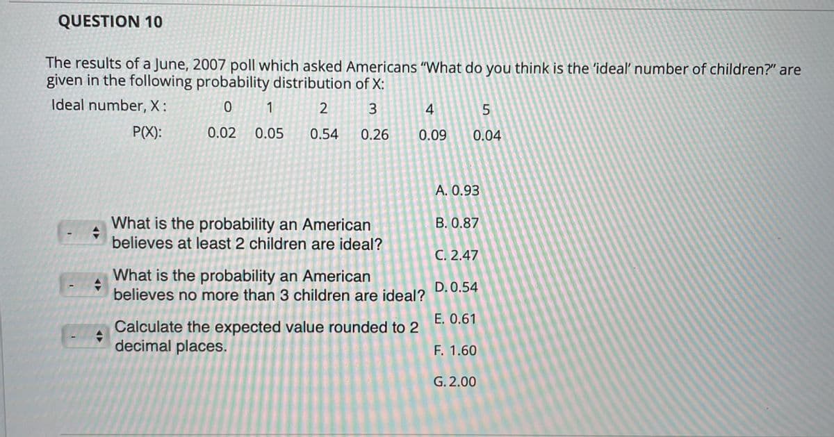 QUESTION 10
The results of a June, 2007 poll which asked Americans "What do you think is the 'ideal' number of children?" are
given in the following probability distribution of X:
Ideal number, X:
1
4
P(X):
0.02
0.05
0.54 0.26
0.09
0.04
A. 0.93
What is the probability an American
believes at least 2 children are ideal?
B. 0.87
C. 2.47
What is the probability an American
believes no more than 3 children are ideal?
D. 0.54
E. 0.61
Calculate the expected value rounded to 2
decimal places.
F. 1.60
G. 2.00
